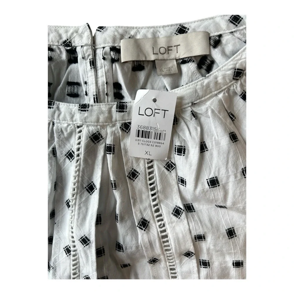 LOFT White Black Geometric Puff Short Sleeve 100% Cotton Blouse Women's XL